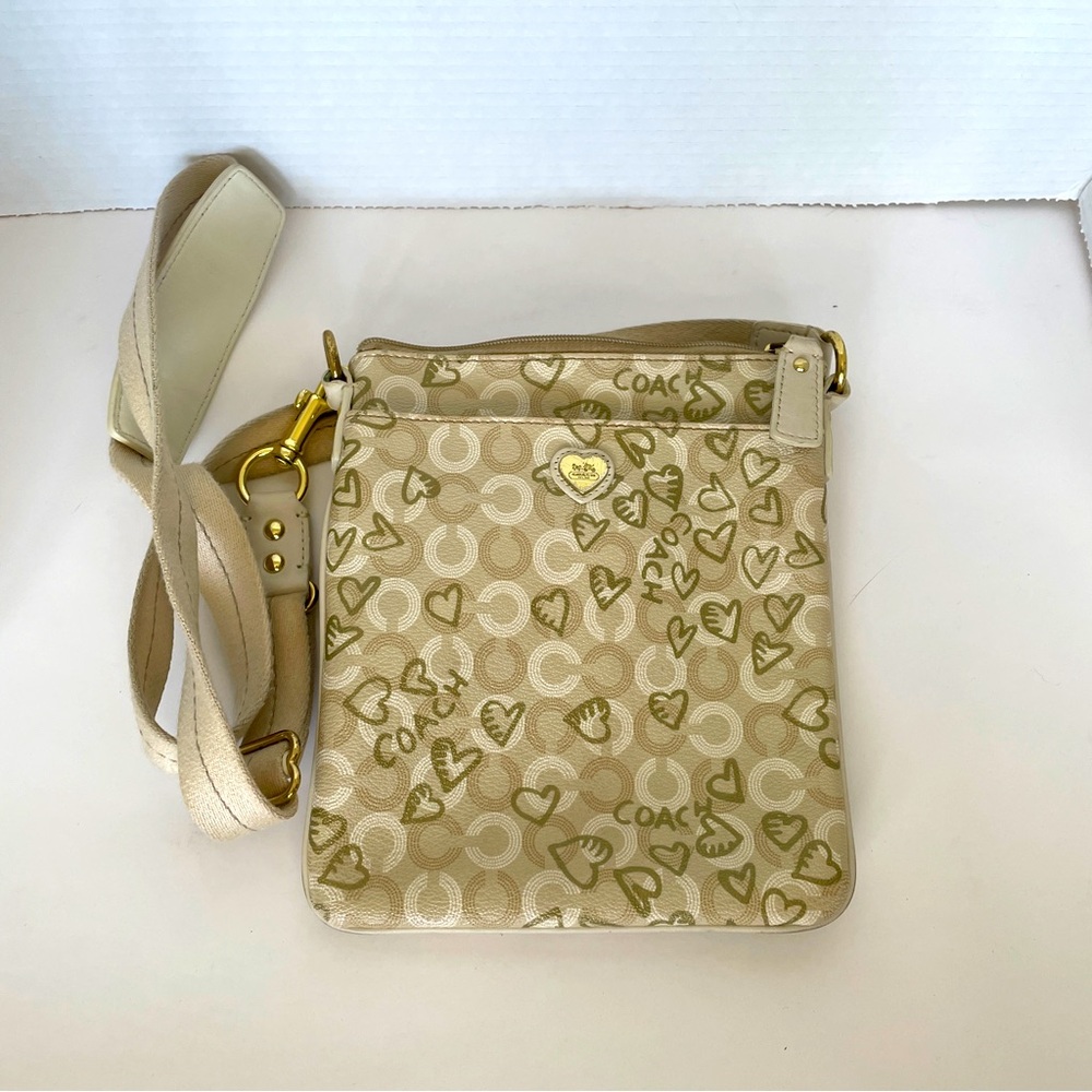 Coach Waverly Hearts Swingpack Crossbody Bag – Gold & Khaki PVC